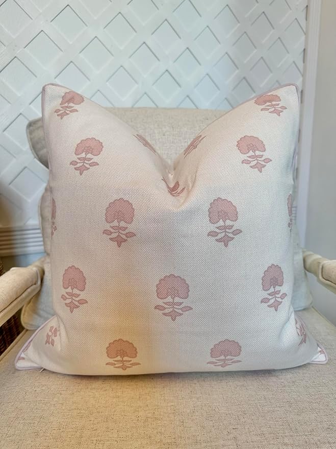 Jillien Harbor “The Lauderdale” Floral Block Print Pillow Cover – Blush Pink and Off-White Decorative Throw Pillow Cover – Grandmillennial Home Decor, 20" x 20"