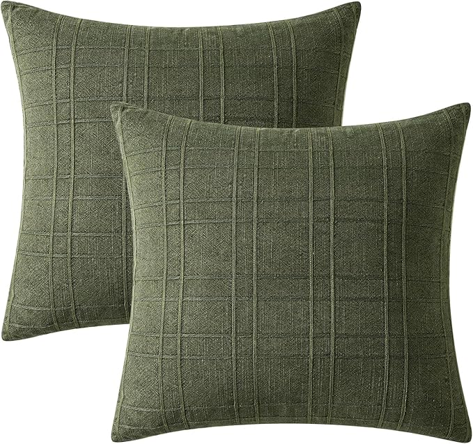 MIULEE Decorative Linen Check Euro Shams Throw Pillow Covers Neutral Farmhouse Vintage Spring Pillow Covers 28x28 Set of 2 Boho Modern Home Decor for Sofa Couch Bedroom Cushion Dark Olive Green