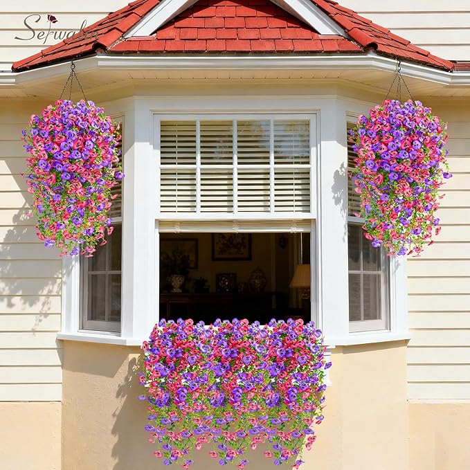 Serwalin Artificial Fake Hanging Flowers for Outdoors Planters,6PCS UV Resistant Faux Pansy Spring Flowers for Outside Porch Patio Garden Window Box (Rose Pink Purple)