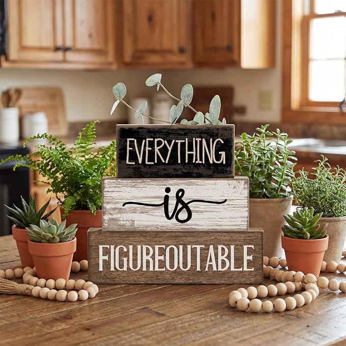 Lineshading 4 Pcs Inspirational Farmhouse Table Decor Everything Is Figureoutable Stacked Wooden Block Signs with Inspirational Quote Eucalyptus Leaves for Home, Living Room, Shelf Housewarming Gift