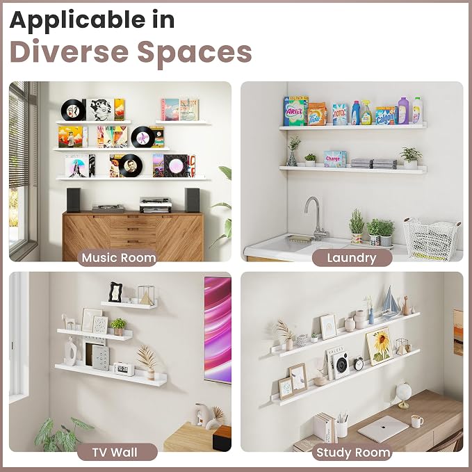 Acovy Long Floating Shelves for Wall, 55 inch Solid Wood Picture Ledge Shelf, Picture Shelf for Wall with Ledge, Floating Book Shelves for Living Room Bedroom Kitchen Nursery Decor, White, Set of 2