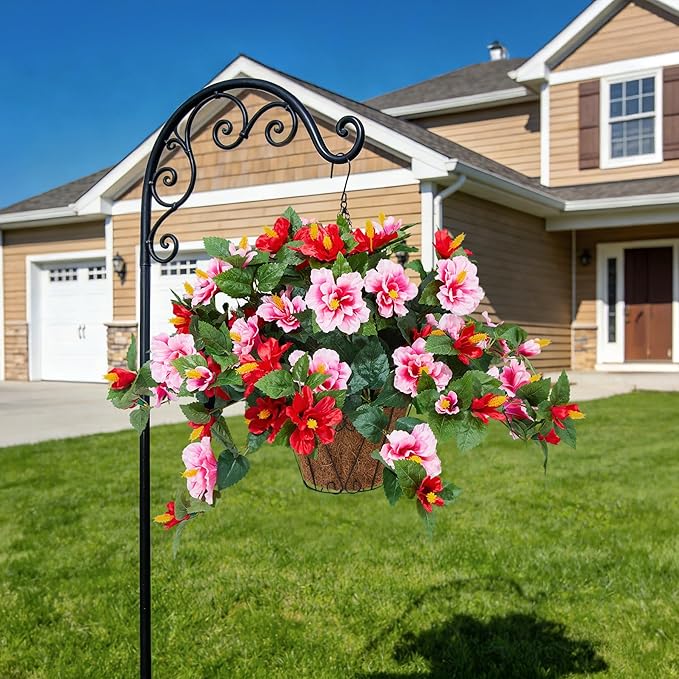 Inxugao Artificial Flowers for Outdoors Indoors,3 Bunches Fake Hibiscus with Hanging Basket Foam Realistic UV Resistant Silk Flower Leaves,Faux Plant for Outside Home Patio Garden Poch Decor(Red,Pink)