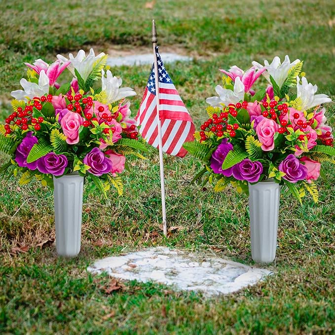 XONOR Artificial Cemetery Flowers with Vase, Set of 2 Artificial Rose Lily Bouquet Graveyard Memorial Flowers for Cemetery Headstones Decoration