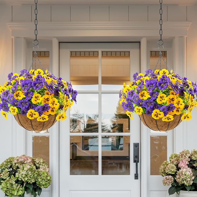 lovemoon 2 Sets Artificial Hanging Flowers with Baskets, 24 Pcs UV Resistant Faux Silk Pansies Outdoor Flower Pots for Porch Patio Garden Home Spring Summer Decor (2, Yellow,Puple)