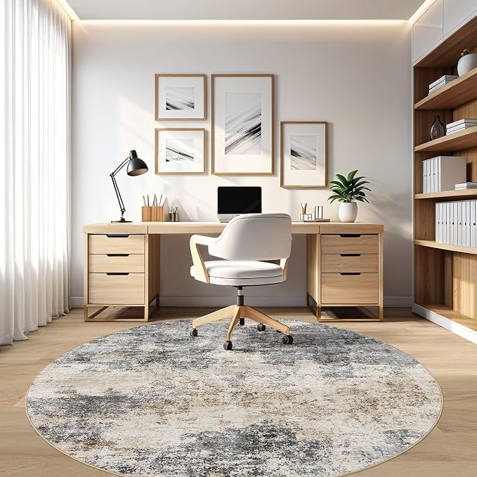 Round Rug Living Room Rugs: 5x5 Washable Circle Large Abstract Modern Soft Stain Resistant Non-Slip Indoor Floor Carpet for Bedroom Nursery Office Dining Room Dorm Home House- Grey Brown