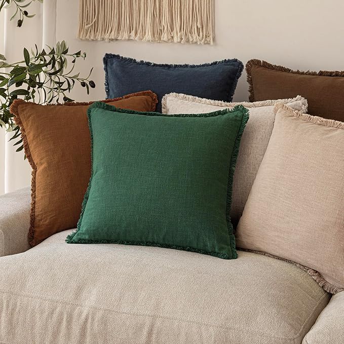 Foindtower Set of 2 Decorative Linen Fringe Throw Pillow Covers Cozy Boho Farmhouse Cushion Cover with Tassels Soft Accent Pillowcase for Couch Sofa Bed Living Room Home Decor, 22×22 Inch, Pine Green
