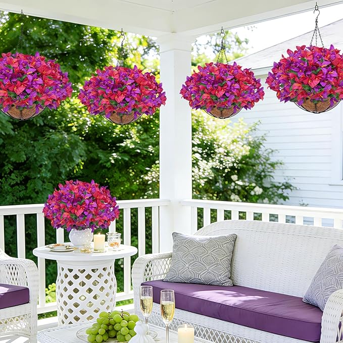 Artificial Fake Hanging Flowers Plants Basket for Outdoors, Faux Silk Bougainvillea in Planter UV Resistant Realistic Spring Summer Decoration for Outside Porch Patio Yard Home Decor (Purple Hotpink)