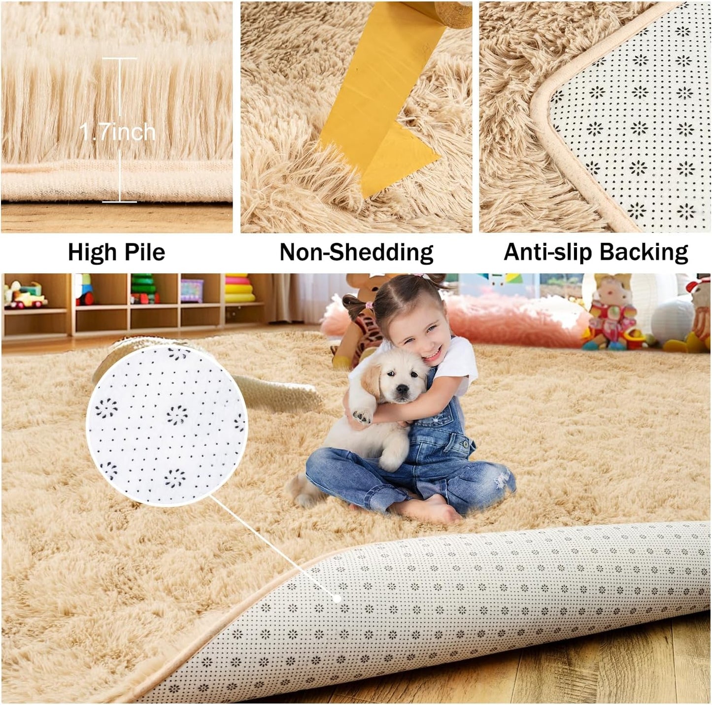 Rezutan 9x12 Feet Large Fluffy Area Rug for Bedroom Living Room, Camel Modern Indoor Carpets Room Colorful, Plush Indoor Nursery Classroom Home Decor Bedside Rug with Non-Slip Bottom