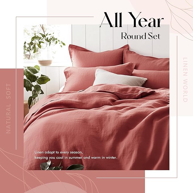 Linen World Linen Pillow Cases Set of 2,20"x40" King Size,100% French Natural Flax Soft Linen Pillowcases,Clay Pink