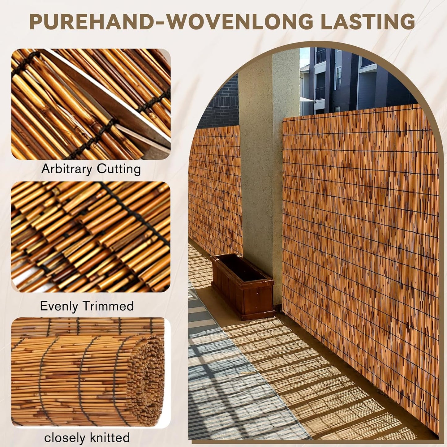 Bamboo Privacy Fence, Decorative Bamboo Fence Rolls 6 Feet High, Light Russet Reed Screens Outdoor for Patio Garden Backyard Balcony, 6 x 10 FT