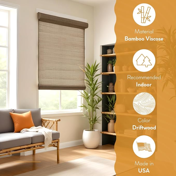 Radiance Cordless Bamboo Roman Shades for Windows - Flatstick Bamboo Blinds for Semi-Private Light Control - Easy to Lift & Fold Up Window Shades - Driftwood - 48 in. W x 64 in. L - (2216620E)