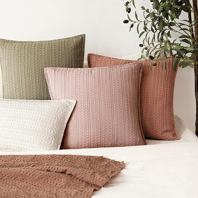 Foindtower Set of 2 Decorative Cotton Waffle Weave Throw Pillow Covers Euro Shams Cushion Covers Accent European Pillowcase for Bed Couch Sofa Bedroom Living Room Home Decor 24×24 Inch Dusty Pink