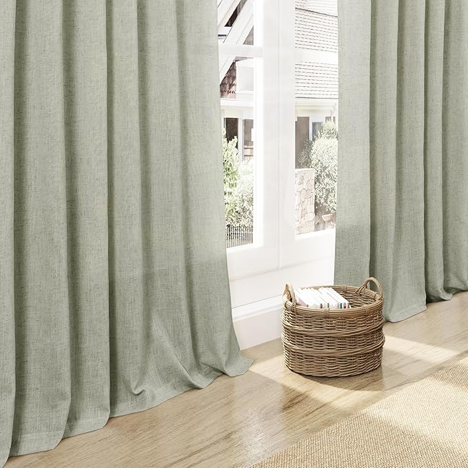 Sage Green Boho Curtains for Bedroom Back Tab Rod Pocket Semi Sheer Linen Curtains 90 Inches Long 2 Panel Set Light Filtering Neutral Green Farmhouse Curtain for Living Room 40x90