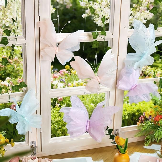3D Hanging Butterfly Decorations, Butterfly Birthday Party Decorations, 6 Pcs Water-Repellent Paper Butterfly Hanging Decorations for Girls, Women, Flower Garden Party Décor