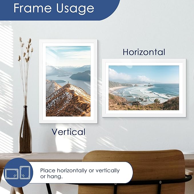 PEALSN 12x18 Picture Frame Set of 6, Display Pictures 11x17 with Mat or 12x18 without Mat for Wall Mounting Display, Photo Frames Collage for Wall Decor, White.