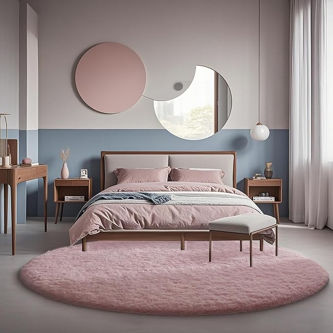 Ophanie Round Rugs 6Ft Pink Circle Area Rug,Fuzzy Bedroom Carpet,Large Shag Plush Floor Kawaii Christmas Living Room Rugs 6 Foot,Cute Room Decor for Kids Teen Girls Baby with Over 99 pcs Pile fibers
