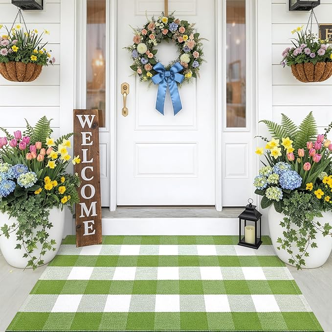 OLANLY Buffalo Plaid Rug 2' x 3' (24" x 36") – Green and White Cotton Checkered Doormat, Washable Indoor Outdoor Rug for Layered Front Porch, Kitchen, Entryway Decor