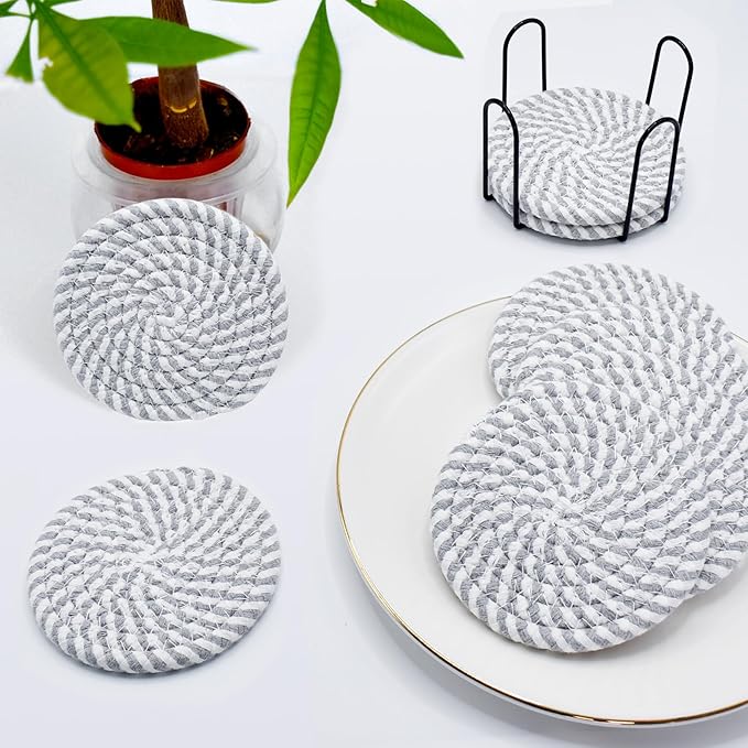 ABenkle Drink Coasters with Holder Set of 10, Cotton Woven Absorbent Coasters for Drinks, Minimalist Home Decor Coaster Set for Wooden Tabletop Protection Table, 4.3 inches