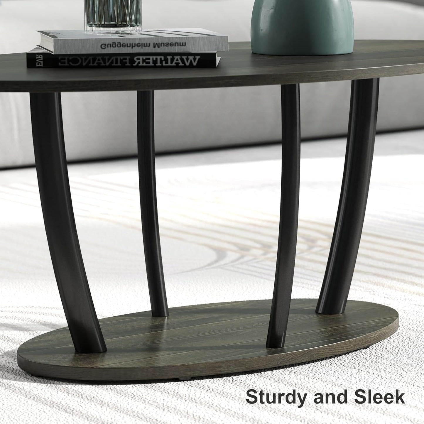 Manora Small Oval Coffee Table with Storage, Rustic Farmhouse Industrial Center Table for Living Room, VintageTea Table for Small Spaces, Gray