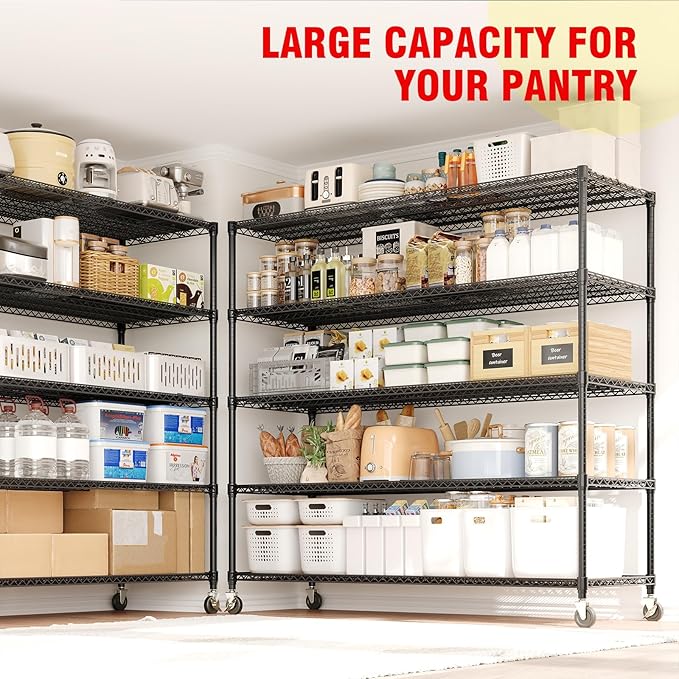 Garvee 5-Tier Metal Shelving with Wheels, Heavy Duty Rolling Storage Shelves 3300LBS Loads, Adjustable Wire Rack Shelving Unit for Garage Kitchen Pantry Commerial, 82" H x 59" W x 23.6" D, Black 