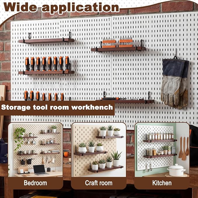 Novabright 2 Pcs Walnut Color Pegboard Shelves Set with Metal Brackets Hooks 11.8 x 4'' Wall Wooden Pegboard Shelving Heavy Duty Accessories for Crafts Office Garage, Compatible with IKEA Skadis