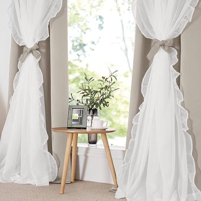 PONY DANCE Girls Curtains for Bedroom Decorative Drapes for Kids Double Layer Curtain Ruffle Sheer Overlay Room Darkening Pretty Chic Princess, 52x84 inch, Cream, 2 PCs
