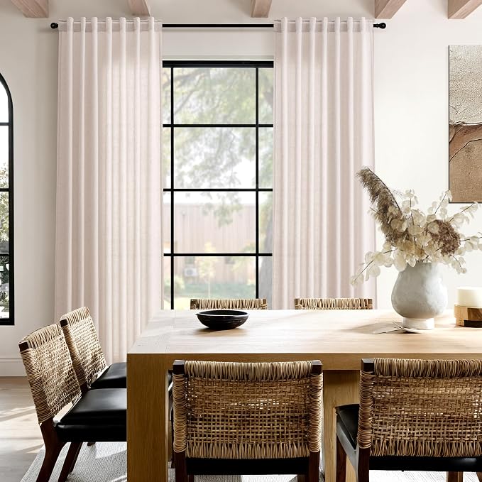 Nanspring Natural White Linen Curtains 90 Inches Long for Living Room Light Filtering Semi Sheer Neutral Farmhouse Decor Curtains Back Tab Privacy Burlap Textured Curtain for Bedroom 52x90, 2 Panels