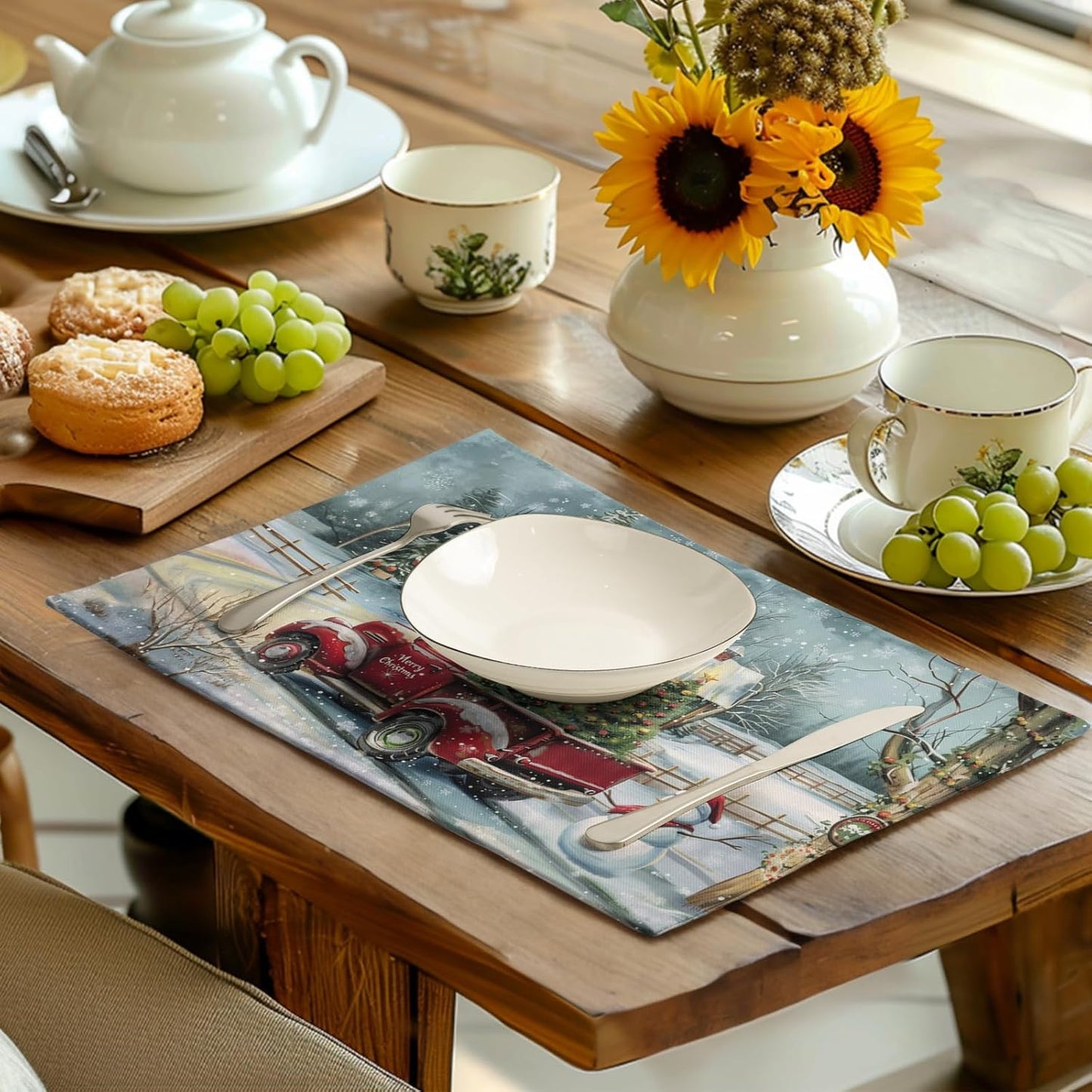 Red Truck Xmas Tree Snowman Christmas Placemats Set of 4 Winter Snowflake Vintage Farmhouse Rustic Place Mats 12x18 Inch Seasonal Christmas Holiday Washable Table Mats for Party Kitchen Dining Decor