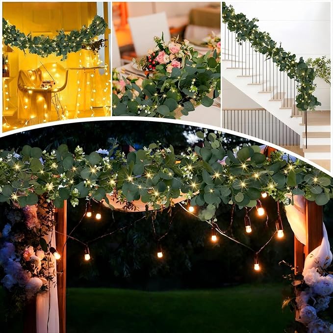Eucalyptus Garland with Lights, 2 Packs 6FT Green Flower Garland Decor, Artificial Faux Eucalyptus Leaves Greenery Vines for Table Runner Wedding Centerpieces Backdrop Decorations (Warm Color)