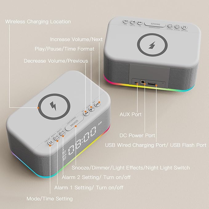 Wireless Charging Alarm Clock Bedroom, Digital Alarm Clocks Bedrooms Bluetooth, Loud Bluetooth Speaker Alarm Clock Night Light Dual Alarm Snooze 12/24H Dimmer Bluetooth AUX USB Charging, Grey