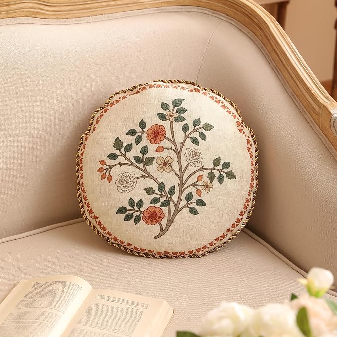 ISAENNE Designer Linen Throw Pillow Cover,Set of 2,Diameter 16"-Flora B | Vintage French Round Decor Pillow Cover,Concealed Zipper Design,Floral Pattern,Sofas,Bedroom,Living Room,Lounge Chairs