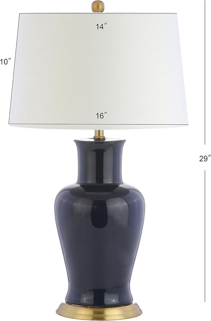 JONATHAN Y 29" Navy Traditional Ceramic Urn LED Table Lamp for Bedroom Decor, White Linen Drum Shade, Classic Nightstand Lamp for Living Room, LED Bulb Included (JYL4026B)