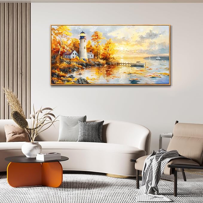 XIGUANGART Coastal Wall Art,Beach Pictures Wall Art,Lighthouse Landscape Canvas Painting,Sailboat Ocean Wall Decor, Nautical Large Framed Artwork for Living Room Bedroom Office Home Decoration 24X48