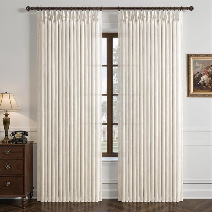 Cream Beige Semi Sheer 102 Inch Long Curtains 2 Panels Set for Kids Room Nursery, Memory Shape Pinch Pleated Natural Linen Light Filtering Farmhouse Thick Window Drapes with Hooks & Rings 50"W x 102"L