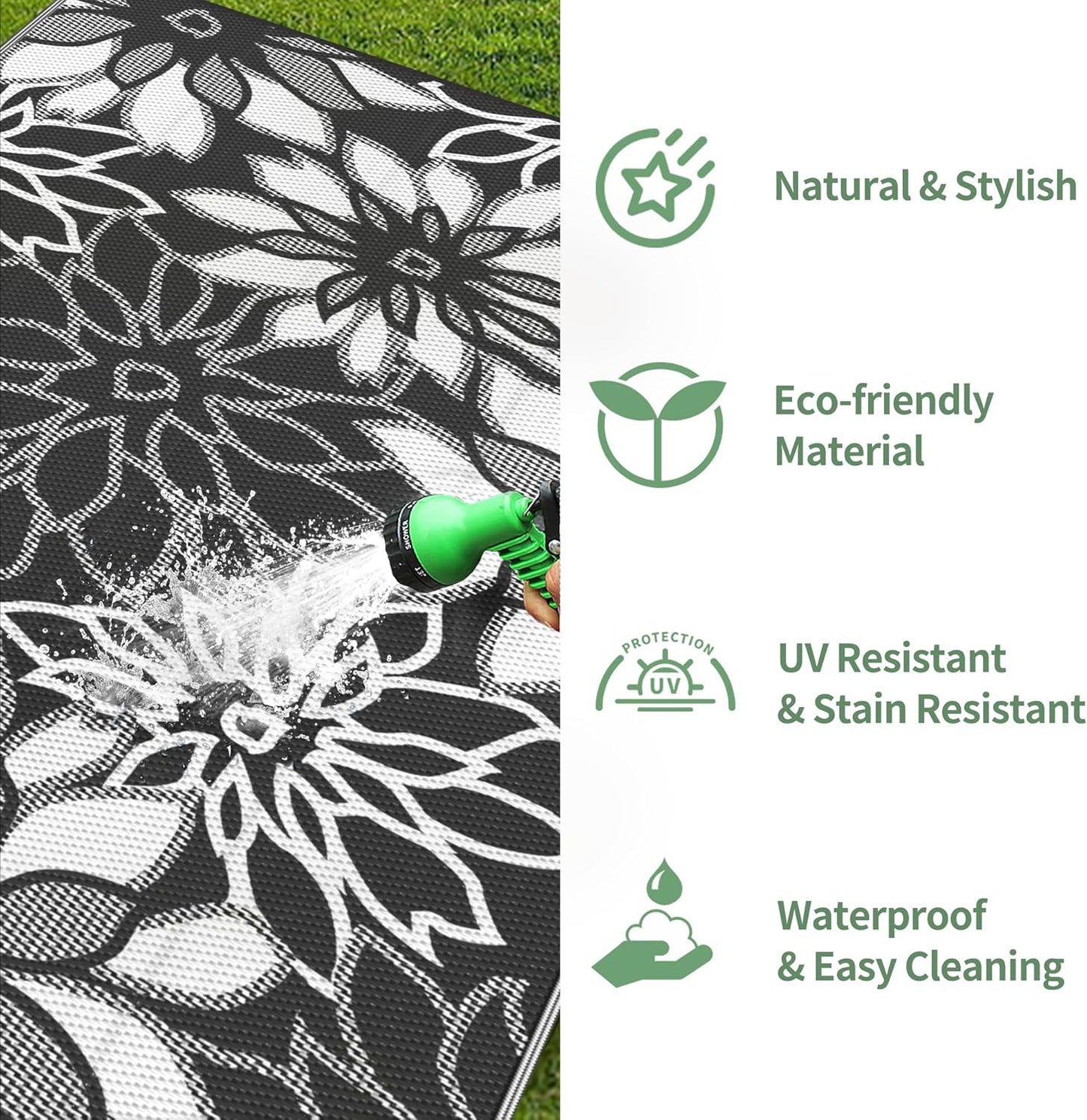 GENIMO Outdoor Rug Waterproof for Patio Decor, 8' x 10' Reversible Plastic Straw Floral Camping Carpet, Large Area Rugs Mats for RV, Camper, Deck, Balcony, Porch, Beach, Picnic, Black & White