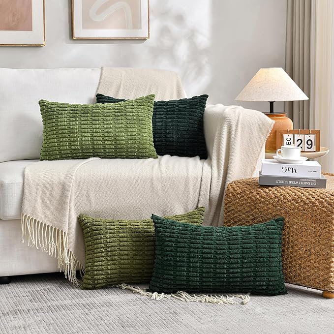 Fancy Homi 4 Packs Decorative Throw Pillow Covers for Living Room Couch Bed, Modern Farmhouse Boho Home Décor Accent Cushion Case, 24" x 12" (Pack of 4), Green Series