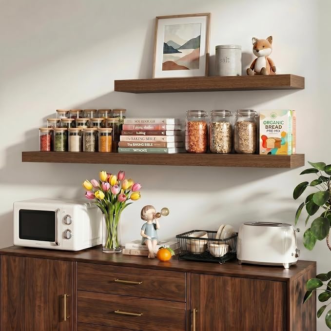 Vivelove 30 Inch Floating Shelves Wall Mounted for Display, 6.5 Deep Duty Shelves with Invisible Brackets for Living Room,Bedroom,Kitchen, Bathroom Storage & Decor,30" Wx6.5 Dx1.4 H - Walnut