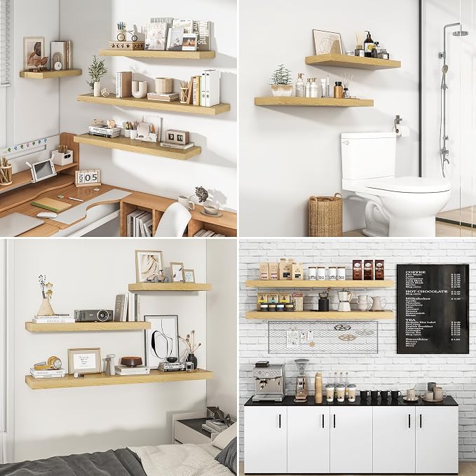RICHFOCUS 55Inch Floating Shelves for Wall 2 Pack Shelves for Bedroom|Kitchen|Bathroom Wall Mounted Rustic Wood Floating Shelf with Invisible Brackets for Books|Storage|Decor, Oak