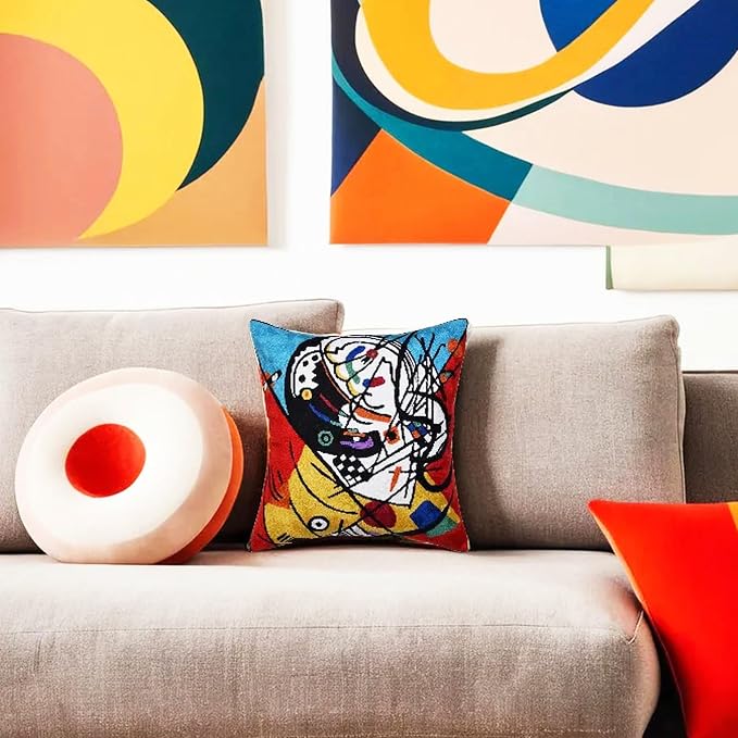 Kandinsky Balancement Decorative Pillow Cover Abstract Toss Pillows Farmhouse Chair Cushion Contemporary Pillow Mid-Century Chair Cushions Hand Embroidered Pillow Wool Size 18x18