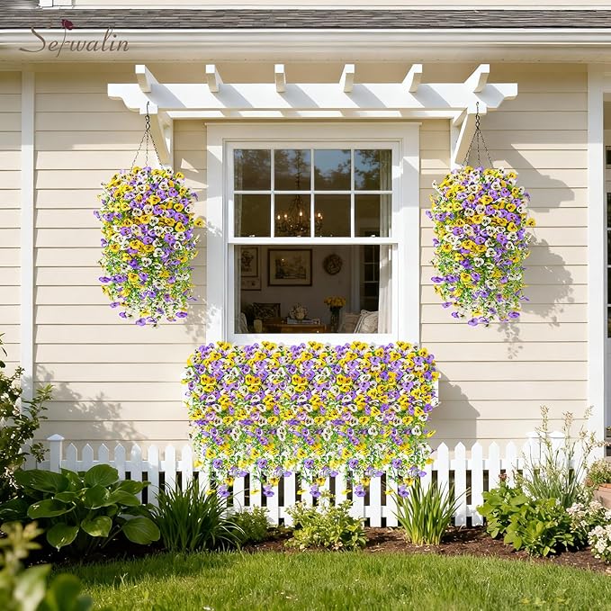 Serwalin Artificial Fake Hanging Flowers for Outdoors Planters,12PCS UV Resistant Faux Pansy Spring Flowers for Outside Porch Patio Garden Window Box (Yellow Purple White)