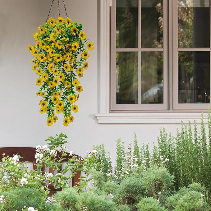 4 Pcs Fake Outdoor Artificial Flowers For Outdoors Uv Resistant, Plastic Flowers For Outdoors, Fake Hanging Plants Faux Flowers For Outdoor Planters, Silk Spring Flowers For Outside Porch(Yellow)