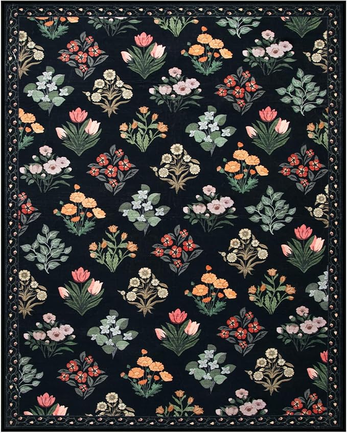 Wonnitar Floral Print 8x10 Washable Rug, Non Slip Black Dining Room Rug, Moroccan Large Stain Resistant Low Pile Indoor Carpet for Bedroom Playroom Home Decor, Black/Multi