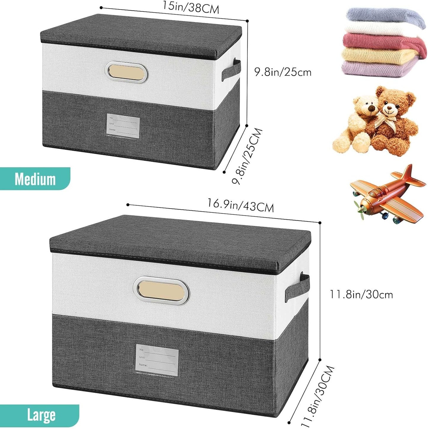 Large Linen Fabric Foldable Storage Bins with Removable Lid and Handles, Washable Storage Box Organizer Containers Baskets Cube with Cover for Bedroom,Office (Turquoise&Cream, Medium(2-Pack))