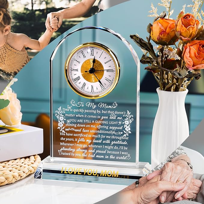 Ornalrist Gifts for Mom Crystal Clock Form Son Daughter on Mother's Day, Birthday - to My Mom Crystal Clock for Mother Desk Home Decor (8.8in, Gift Boxed)