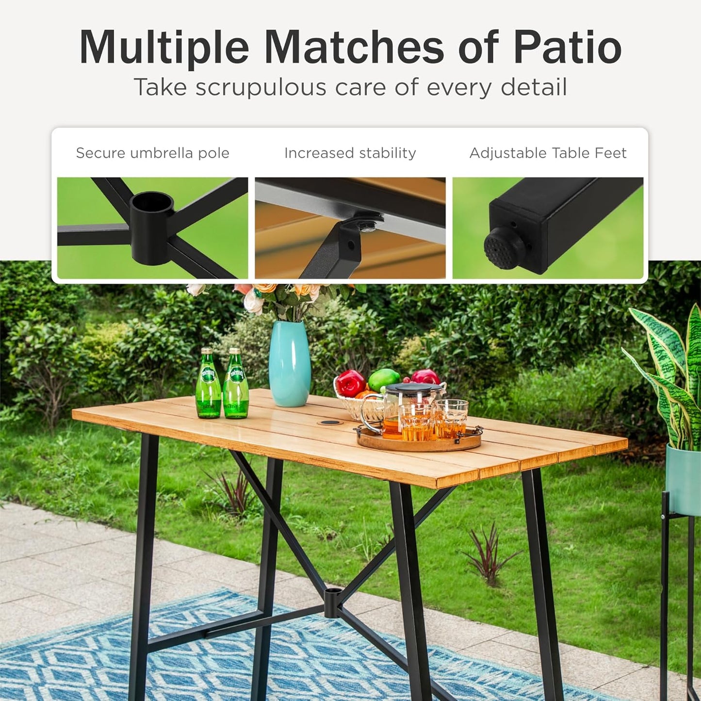 PHI VILLA Outdoor Patio Bar Set for 5, High Top Patio Bar Table and Chairs Set with 4 Patio Swivel Bar Stools & 40" Wooden-Like Steel Bar Height Table for Garden and Yard, Brown & Yellow