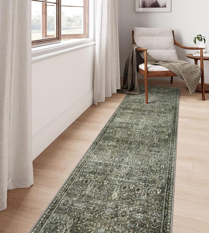Lahome Olive Green 2x12 Runner Rug, Non Slip Green Kitchen Hallway Runner | Vintage Soft Sage Green Non Shedding Carpets for Long Hall Entrance Indoor Laundry