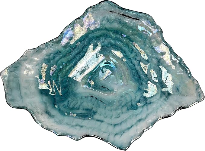Oyster Shell Decorative Plate, 10 Inch Sea Blue Iridescent Glass | Compact Freeform Shell Form, Wavy Uneven Edges, Glossy Multitone Finish, Sits Flat for Tabletop Display