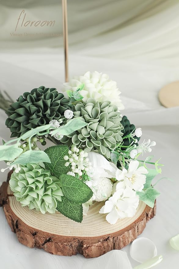 Floroom Artificial Dahlia Flowers 25pcs Real Looking Elf Green Foam Fake Roses with Stems for DIY Wedding Bouquets Bridal Shower Centerpieces Floral Arrangements Party Tables Home Decoration
