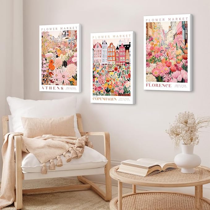 SYYANKK Flower Market Wall Art Floral Canvas Pictures Colorful Botanical Wall Decor Wildflower Prints Painting Pink and Purple Flower Poster Artwork for Bedroom Living Room 12x16x3 Inch Ready to Hang