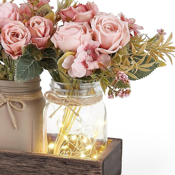 Mkono Mason Jar Lights Centerpiece Table Decorations For Dining Room Farmhouse Table Decor Tray With 3 Jars Flowers Arrangement Valentines Day Decor For Kitchen Living Room Wedding, Pink
